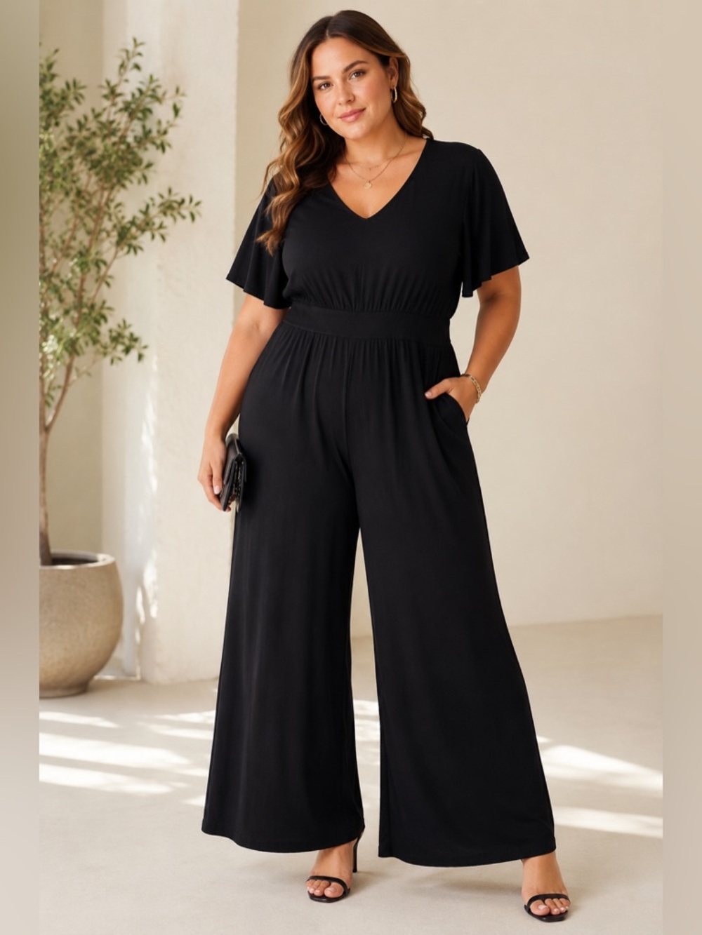 Torrid Black Wide Leg Jumpsuit Plus Size 1 (1X) Flutter Sleeve V Neck Romper